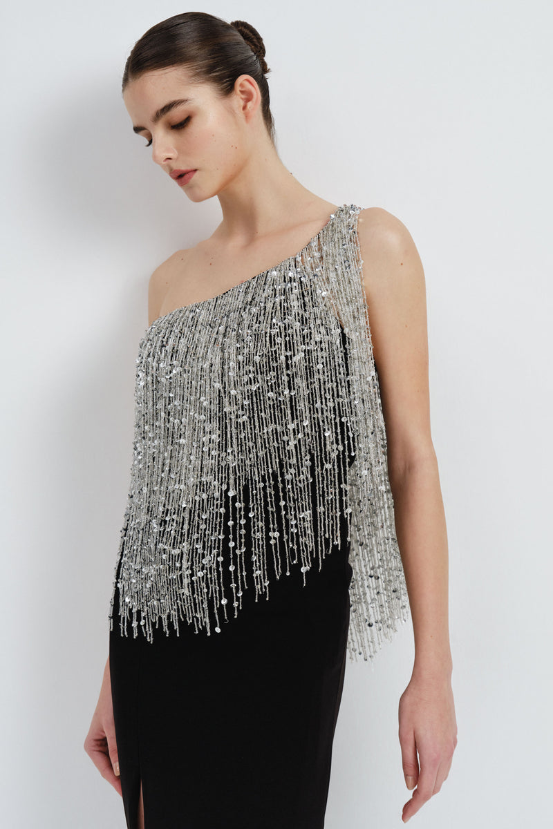 One-Shoulder Crepe Dress with Beaded Fringe Detail