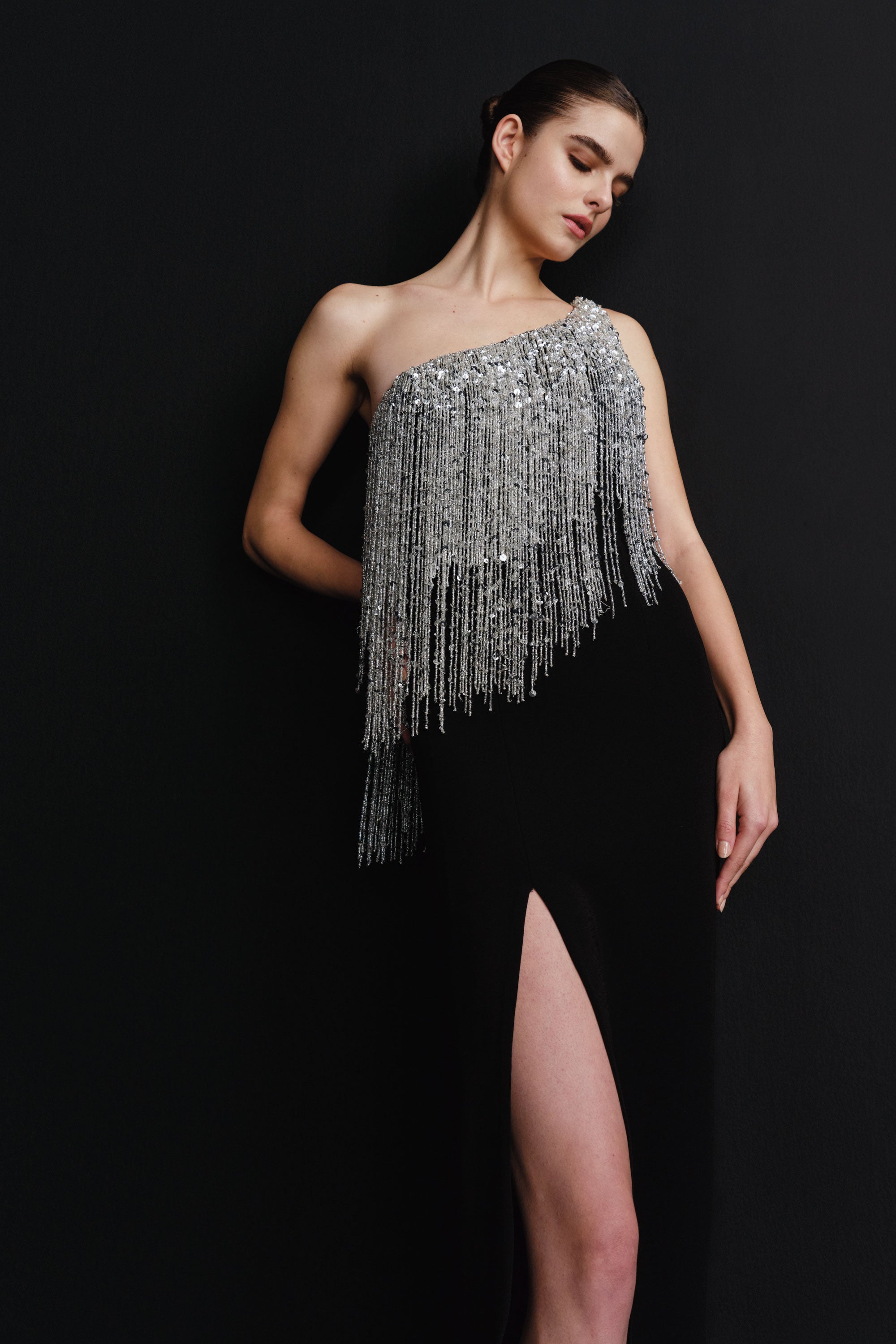 One-Shoulder Crepe Dress with Beaded Fringe Detail | Nicole+Felicia One-Shoulder Crepe Dress with Beaded Fringe Detail | Nicole+Felicia