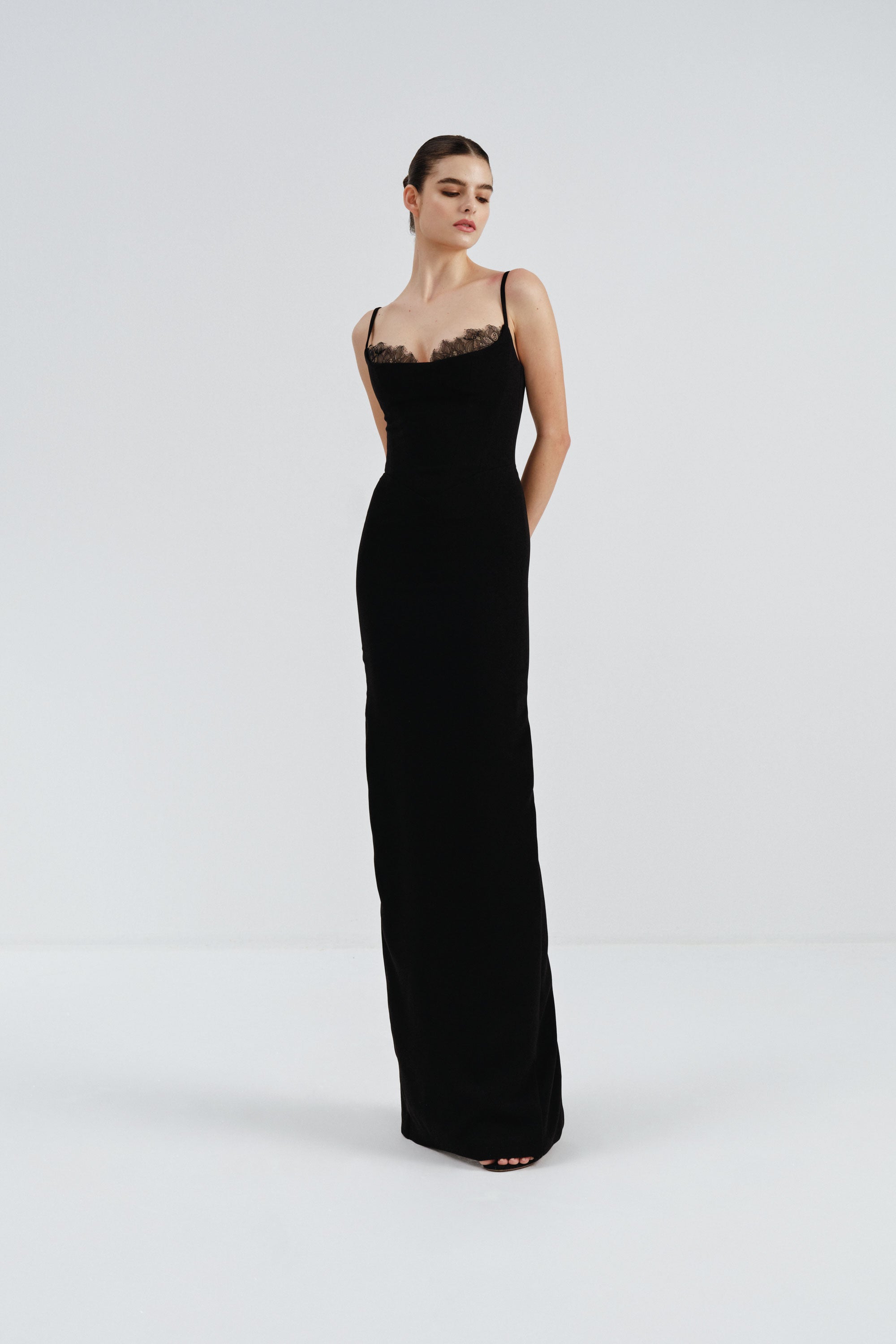 Crepe Dress with Lace Detail in Black | Nicole+Felicia