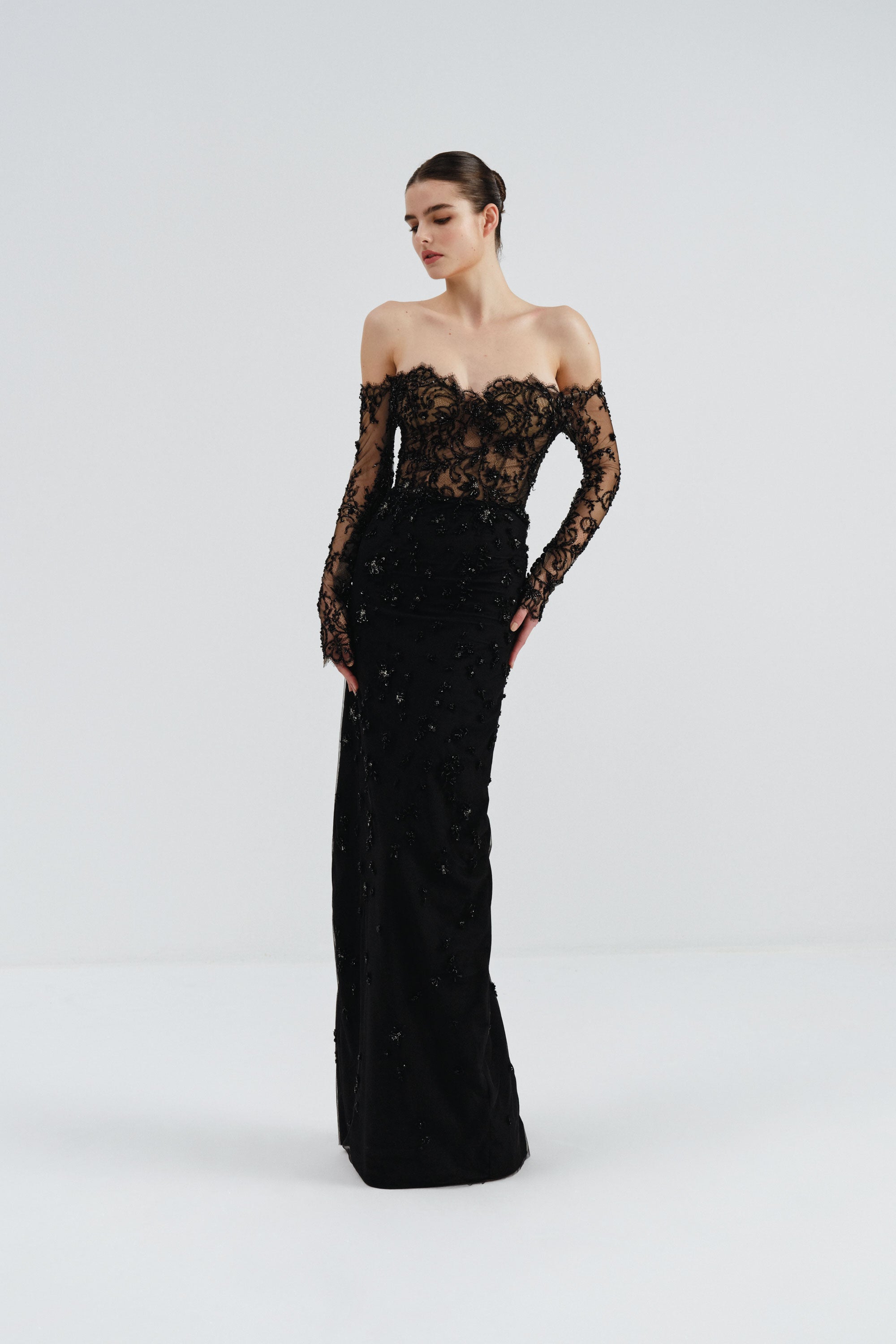 Long Sleeve Off-Shoulder Beaded Lace Gown | Nicole+Felicia Long Sleeve Off-Shoulder Beaded Lace Gown | Nicole+Felicia
