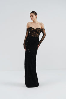 Long Sleeve Off-Shoulder Beaded Lace Gown