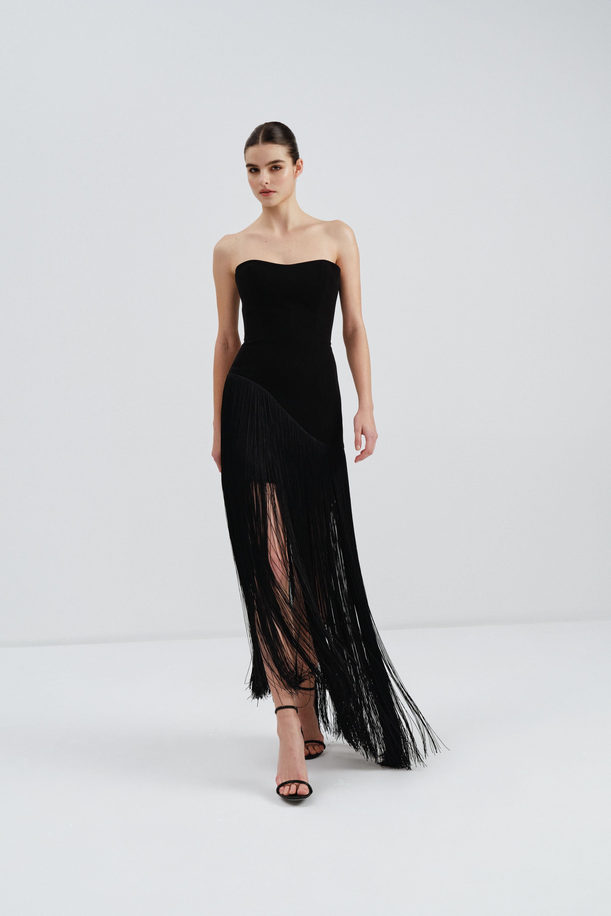 Strapless Crepe Dress with Fringe Detail in Black | Nicole+Felicia