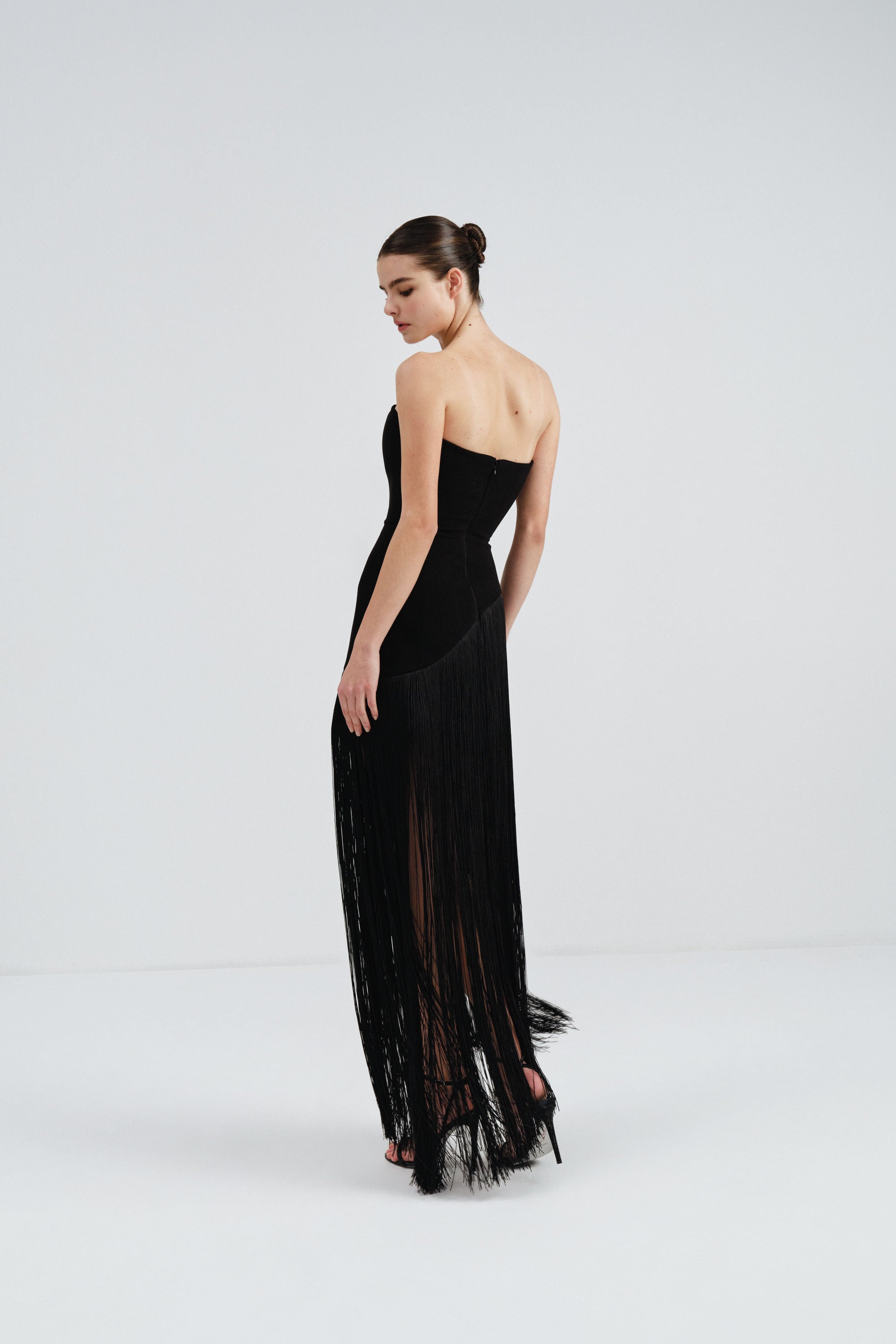 Strapless Crepe Dress with Fringe Detail in Black | Nicole+Felicia