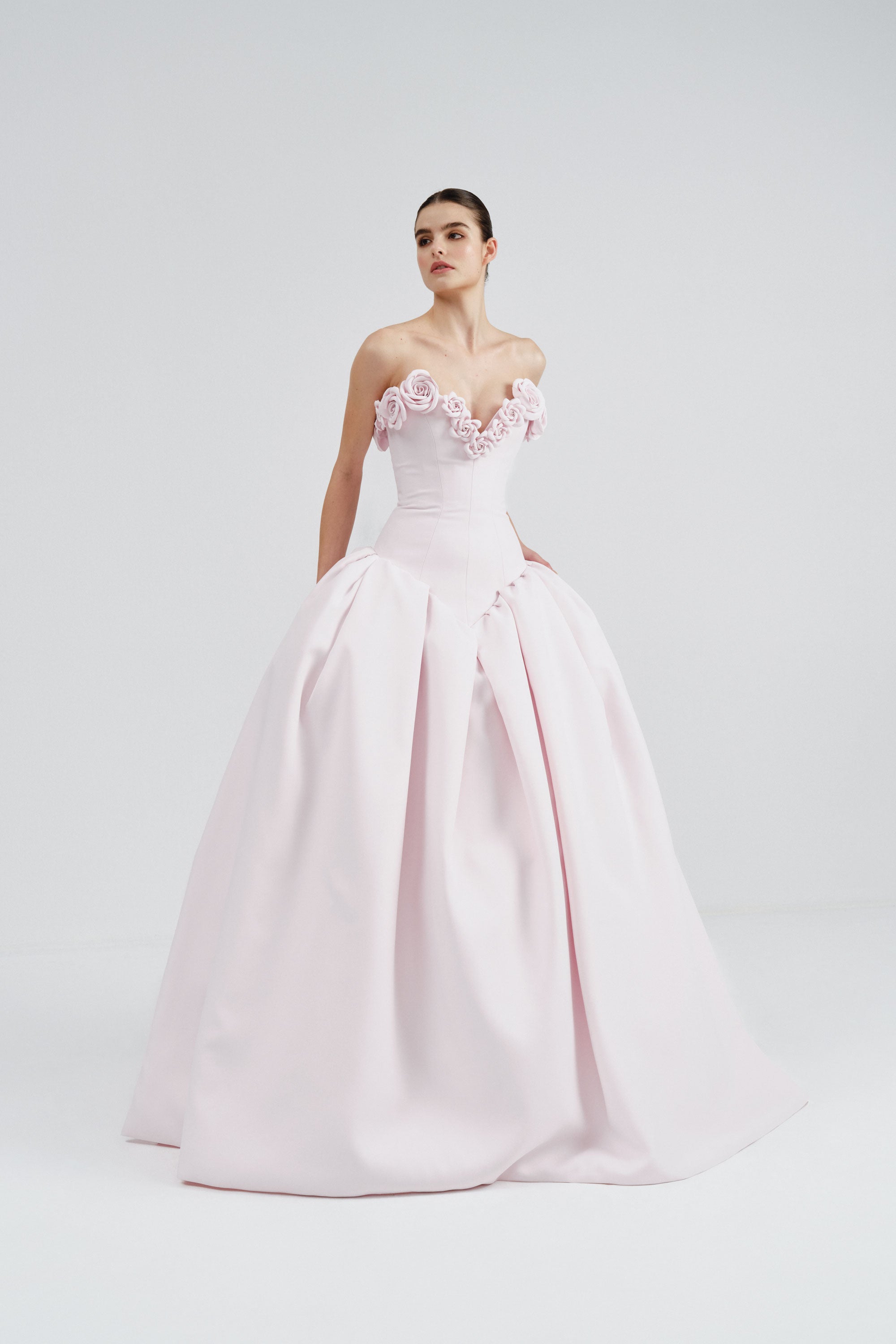 Drop Waist Mikado Gown with Flower Detail