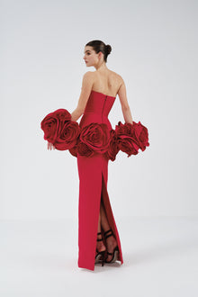 red roses dress LONG SLEEVES BLACK GOWN WITH DRAPPED | CULT MIA Flower petals Summer Rose Gown Teuta Matoshi