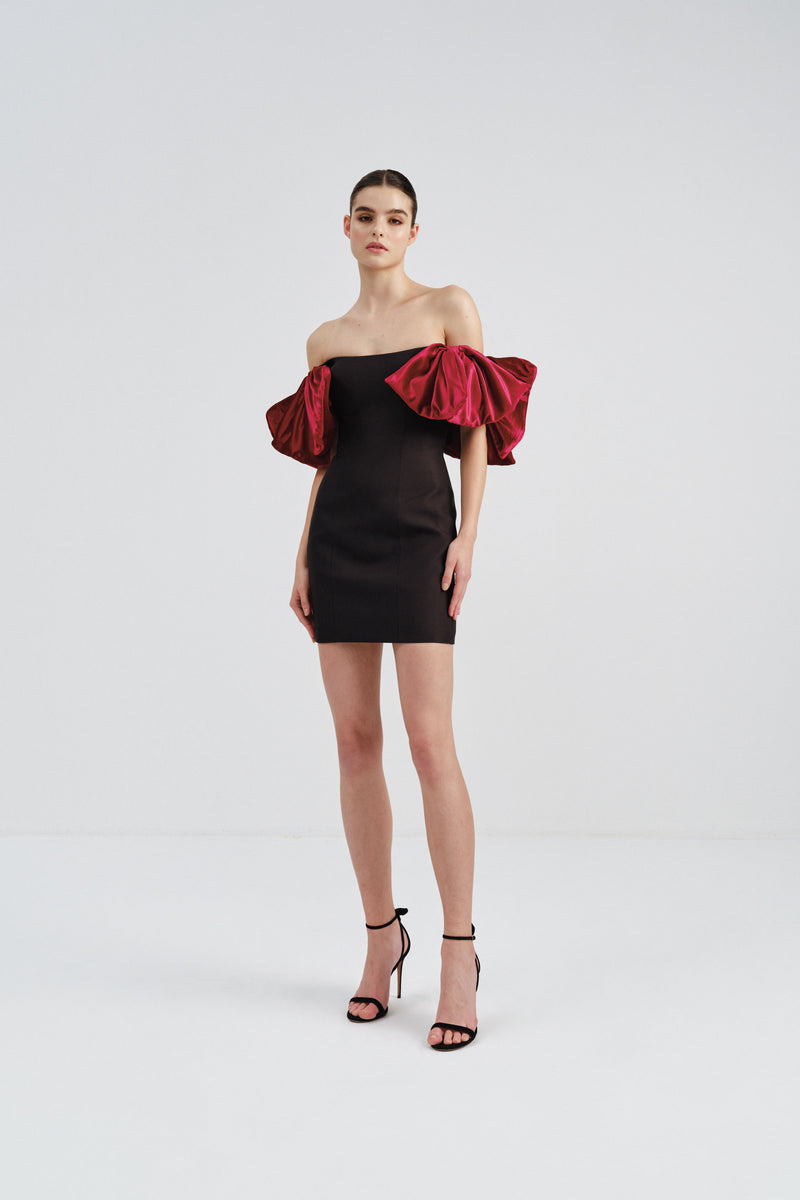 Mikado Mini Dress with Velvet Bow Sleeves