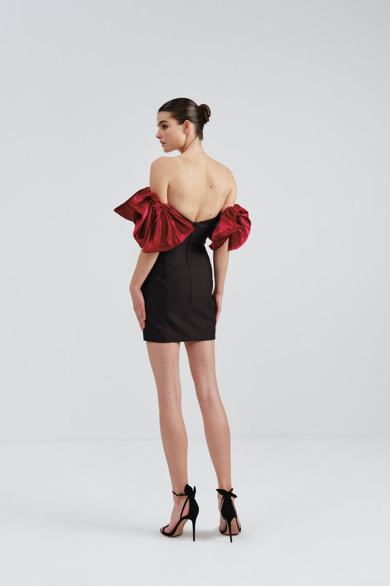 Mikado Mini Dress with Velvet Bow Sleeves