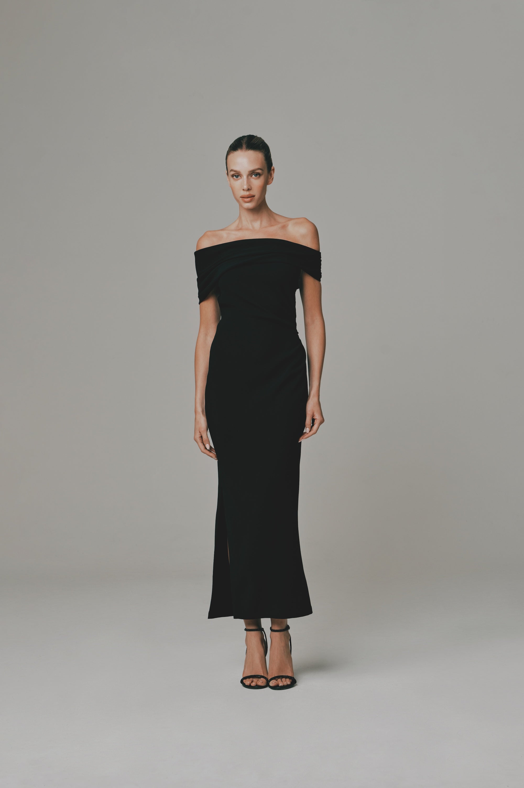 Off Shoulder Column Midi Dress