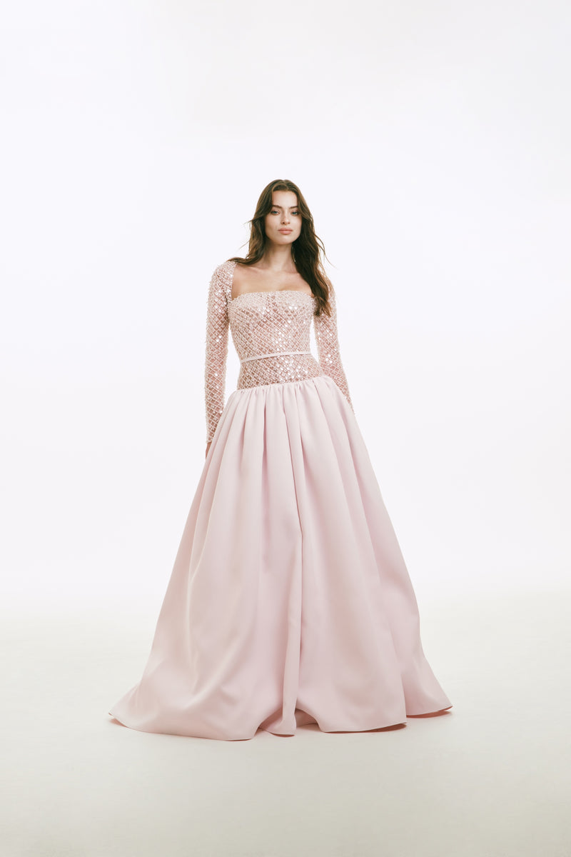 Mikado Drop Waist Dress with Beaded Bodice