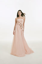 Pleated Chiffon Dress with Metallic Flower Embellishments