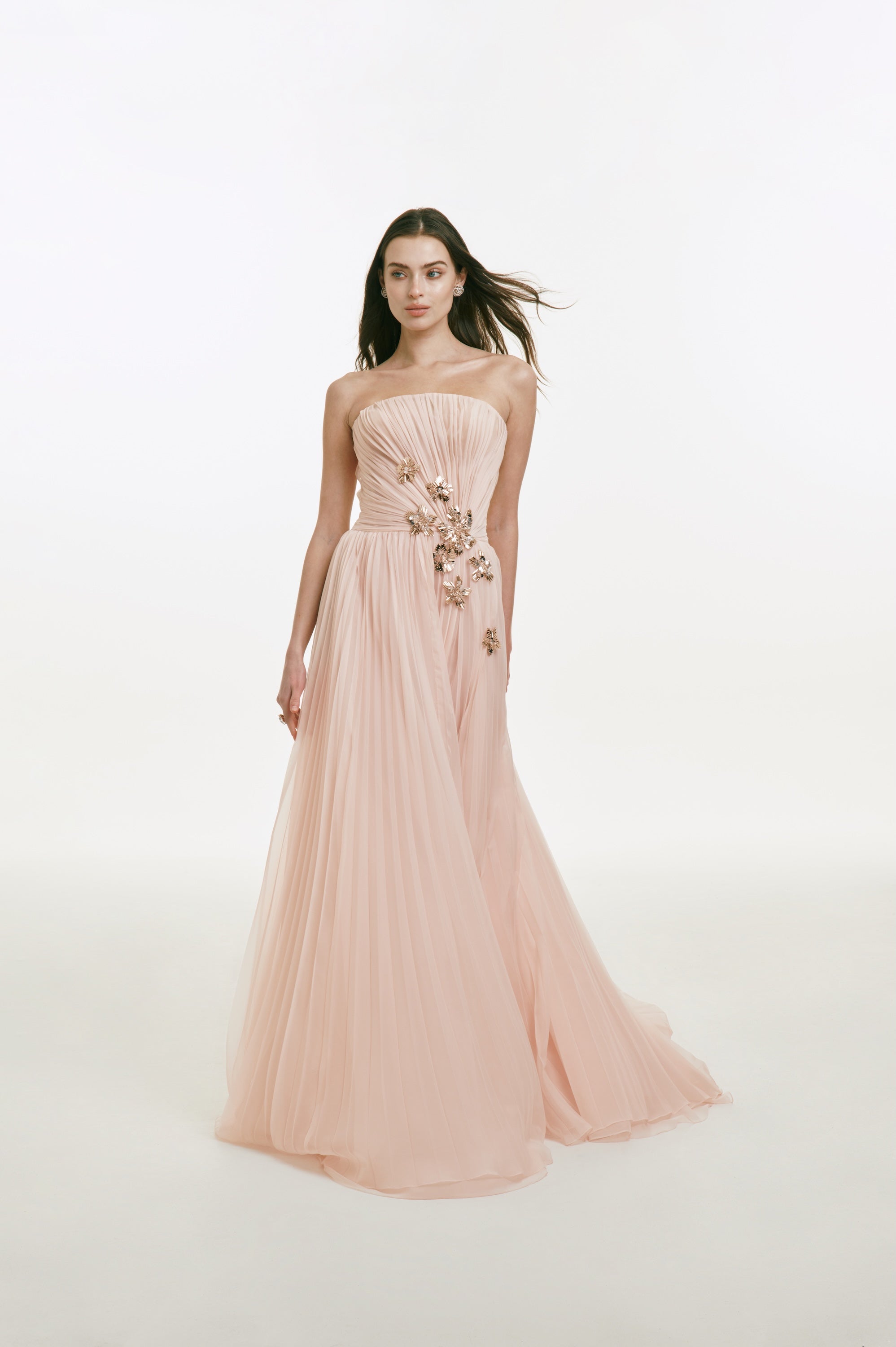 Pleated Chiffon Dress with Metallic Flower Embellishments