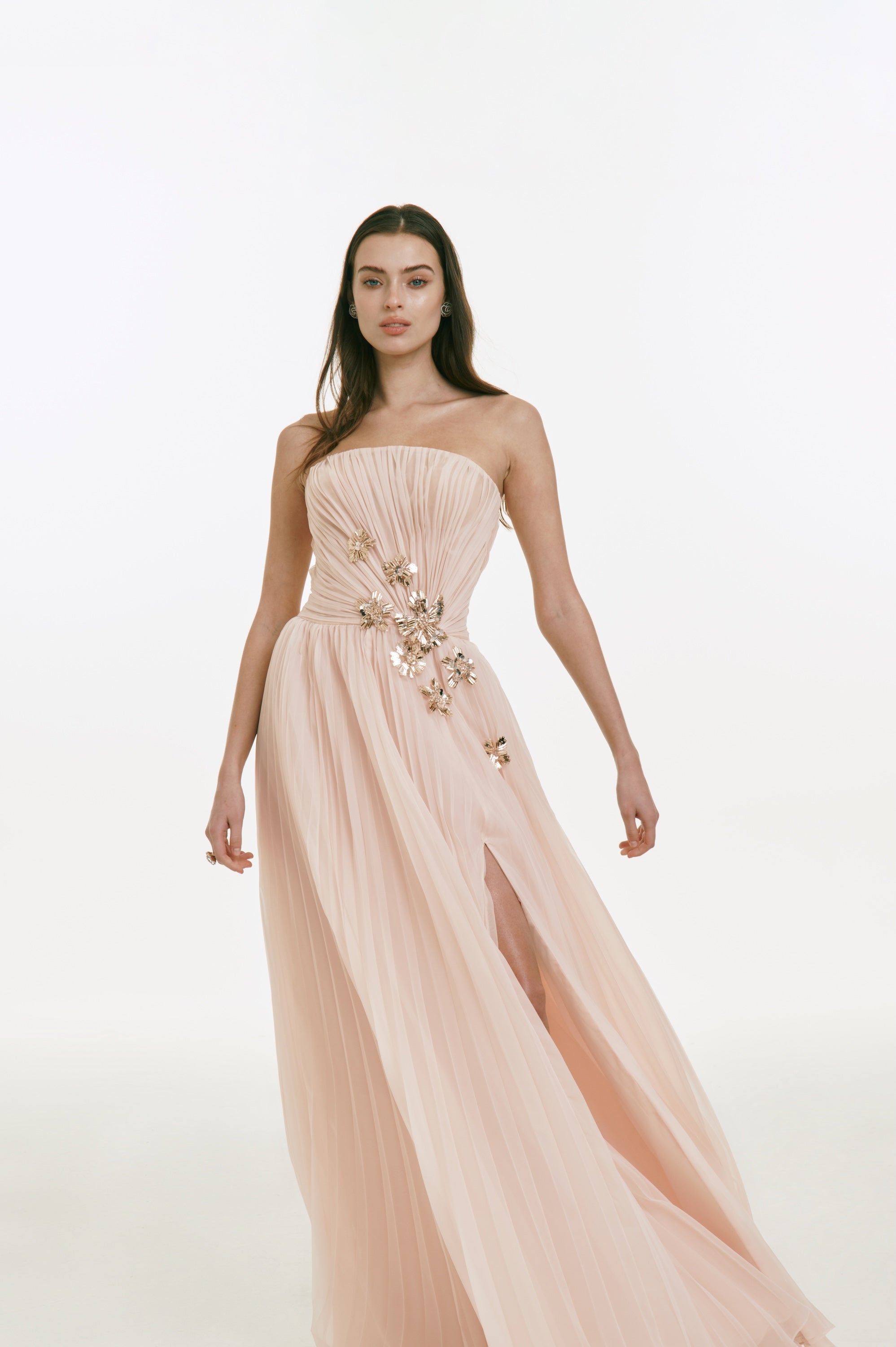 Pleated Chiffon Dress with Metallic Flower Embellishments