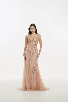 Cap Sleeve Dress with Metallic Flower Embellishments