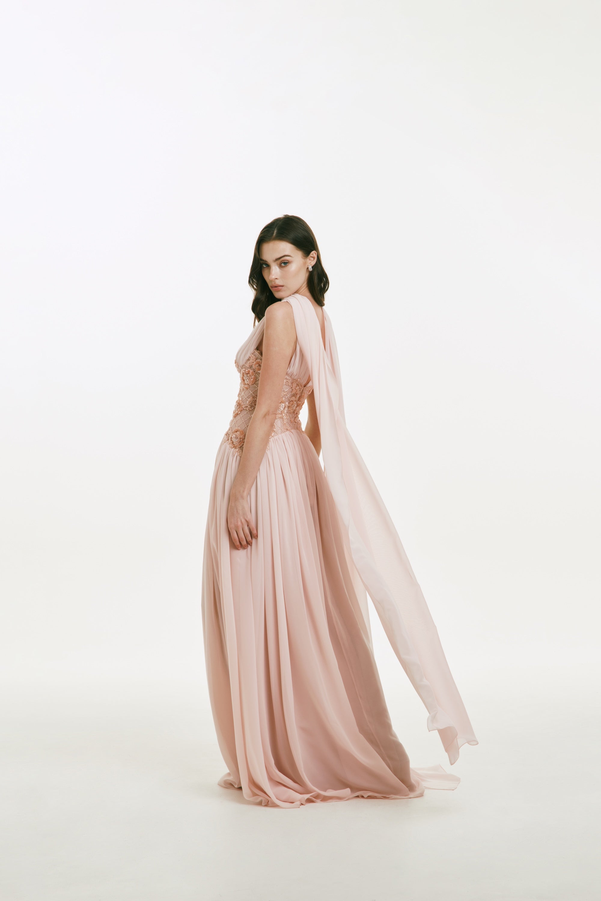 V-neck Chiffon Dress with Beaded Bodice (Sold with matching scarf)