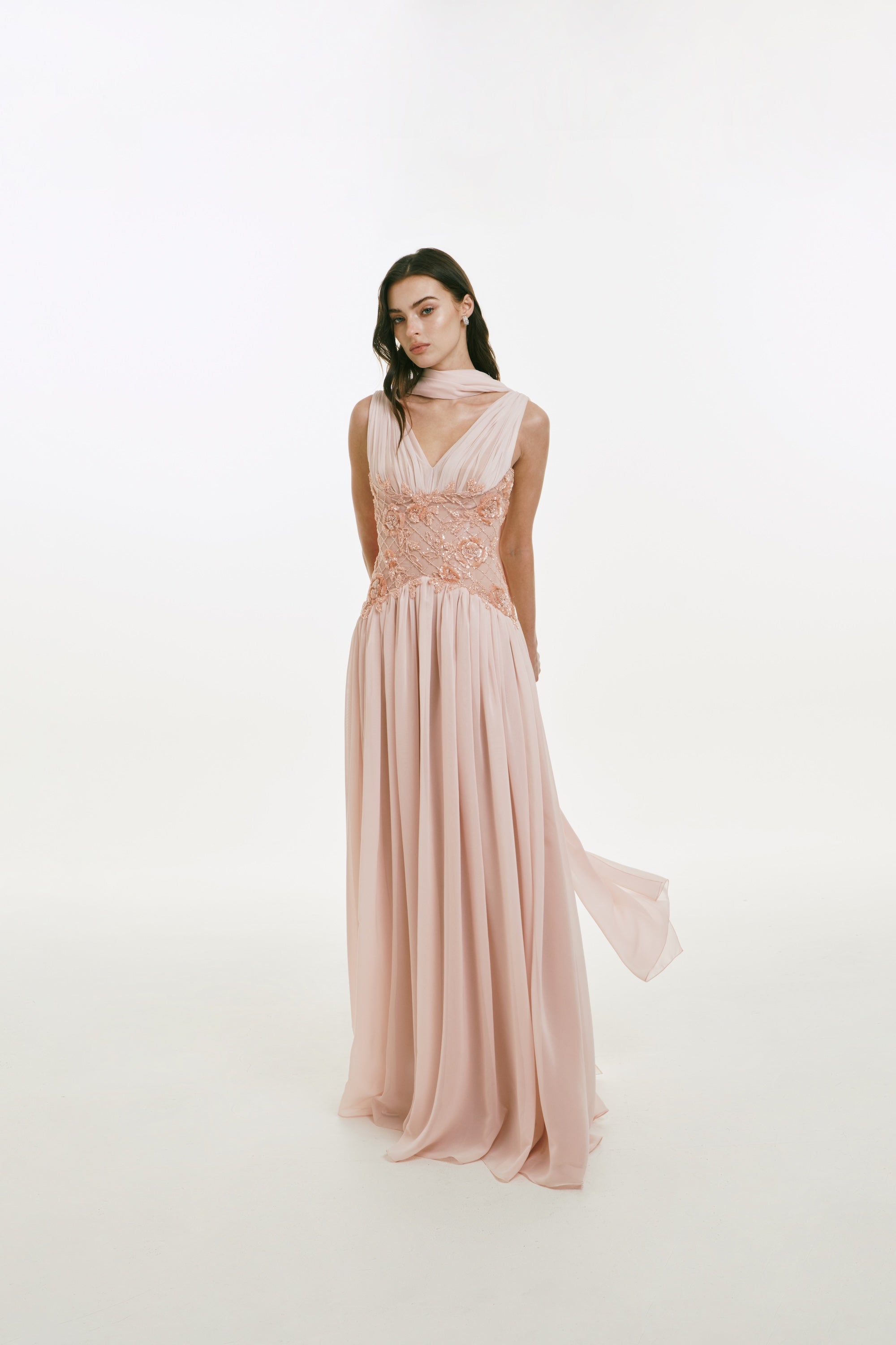 V-neck Chiffon Dress with Beaded Bodice (Sold with matching scarf)