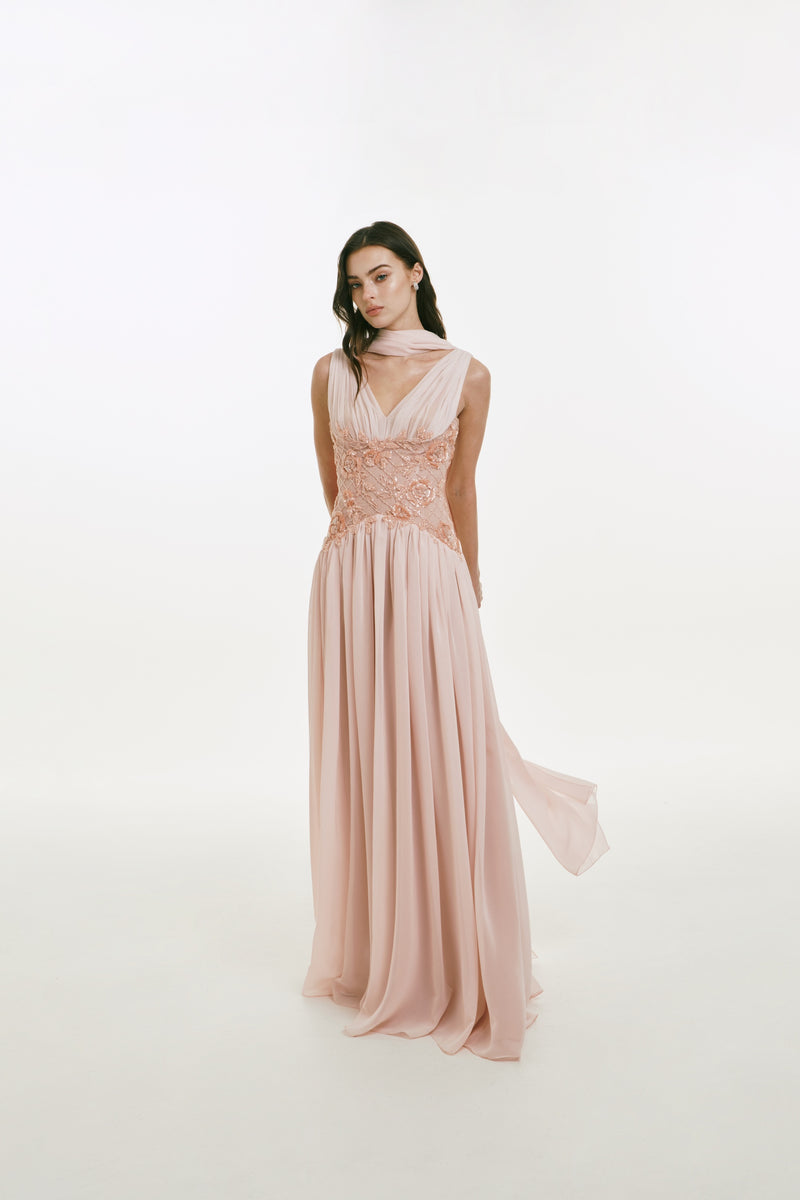 V-neck Chiffon Dress with Beaded Bodice (Sold with matching scarf)
