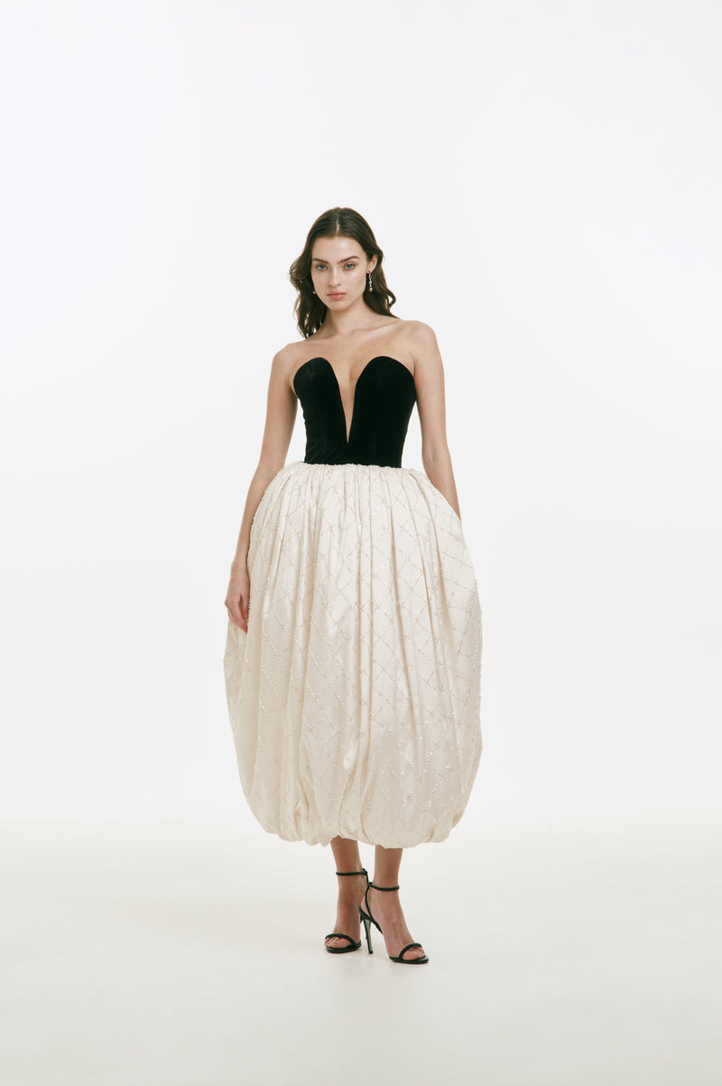 Velvet Sweetheart Midi Dress with Beading Detail