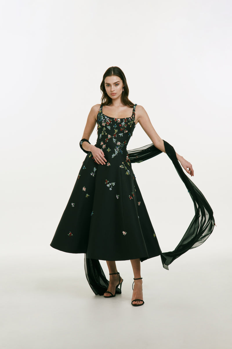 Mikado Midi Dress with Beaded Flower Detail