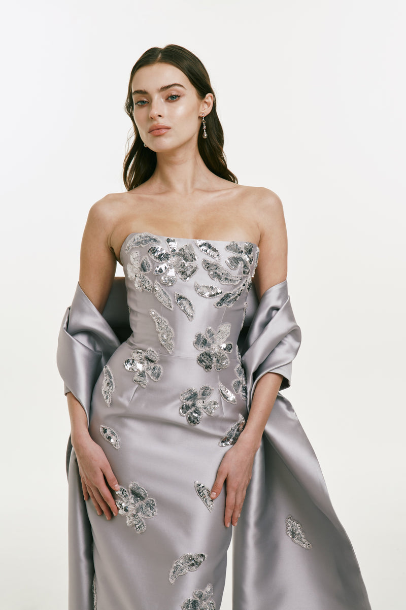 Strapless Column Dress with Sequin Flower Embellishments