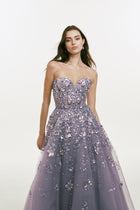 Strapless Gown with Beading and Metallic Flower Embellishments