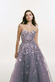 Strapless Gown with Beading and Metallic Flower Embellishments
