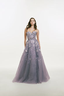 Strapless Gown with Beading and Metallic Flower Embellishments