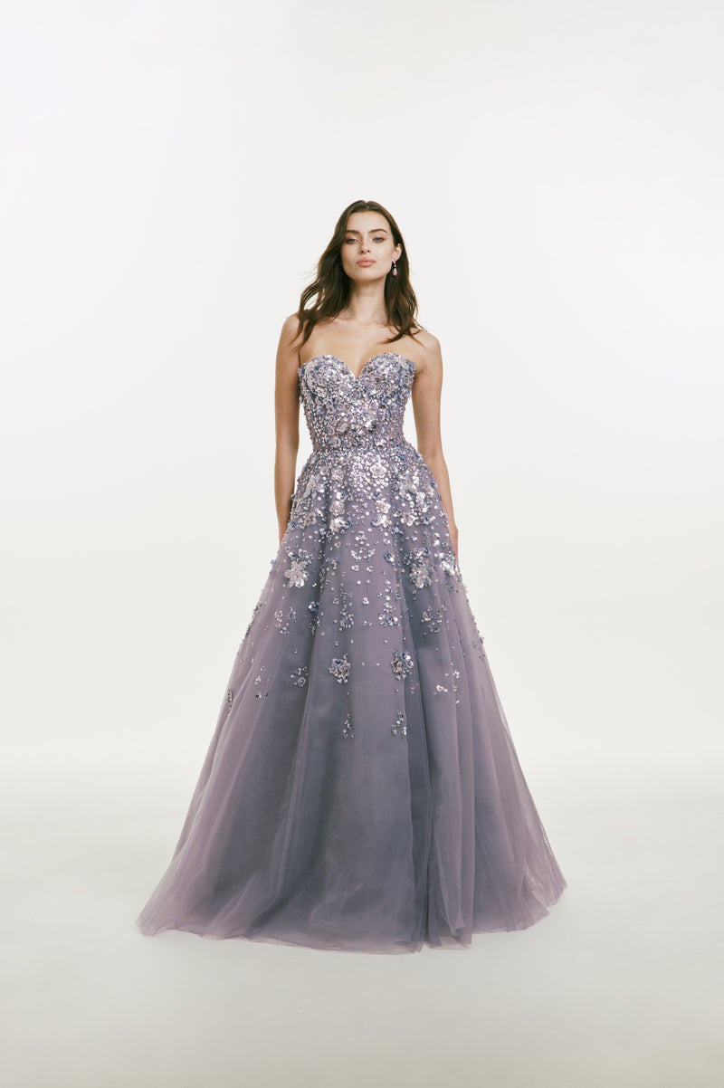Strapless Gown with Beading and Metallic Flower Embellishments