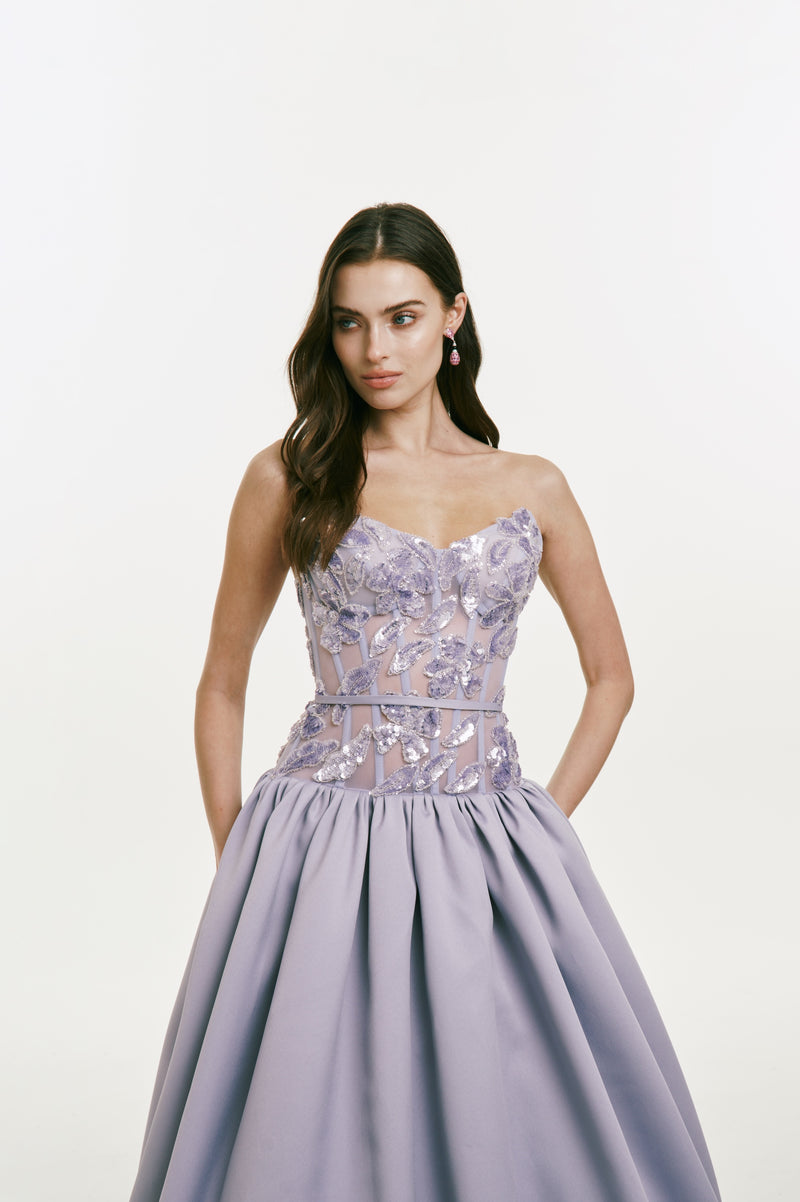 Drop Waist Cateye Gown with Beaded Bodice