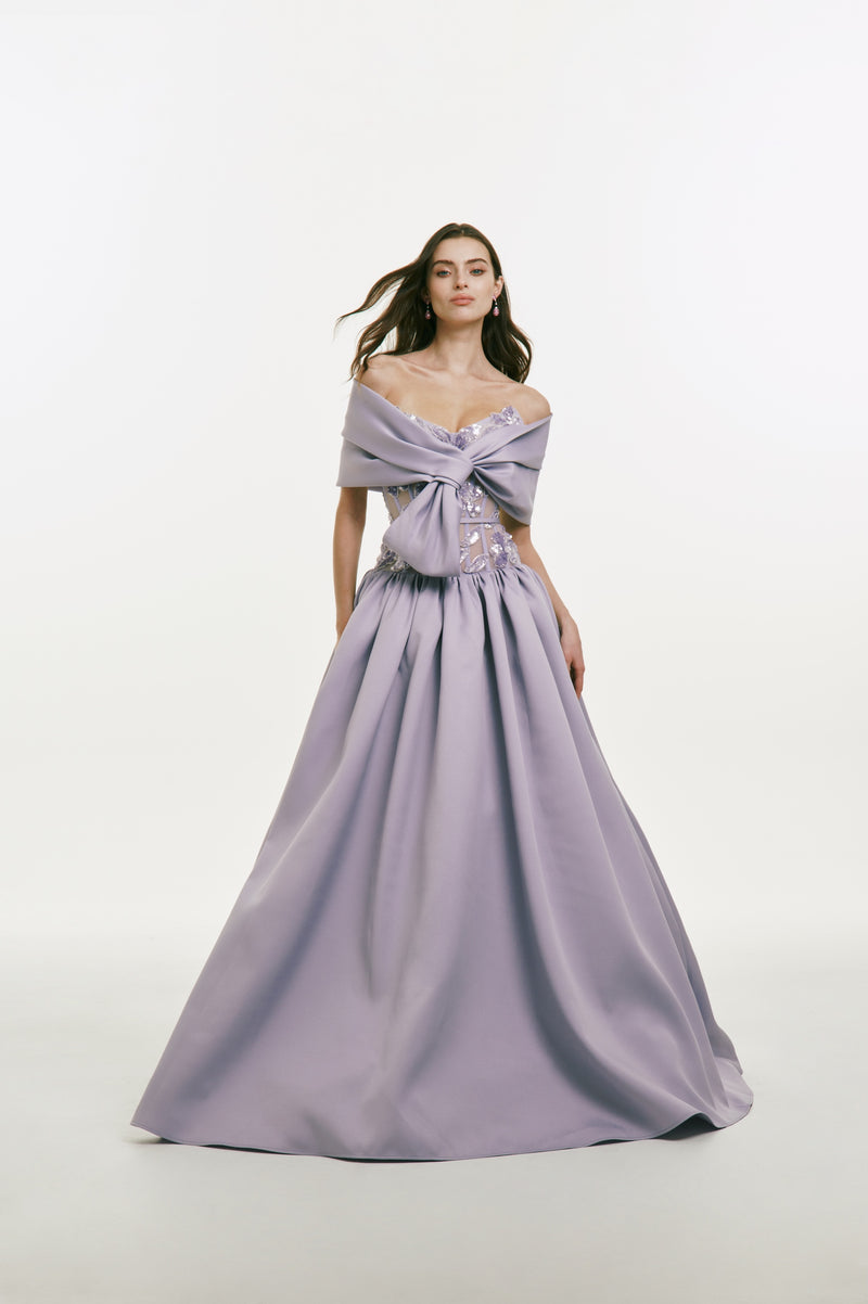 Drop Waist Cateye Gown with Beaded Bodice