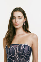 Strapless Midi Dress with Metallic Flower Detail