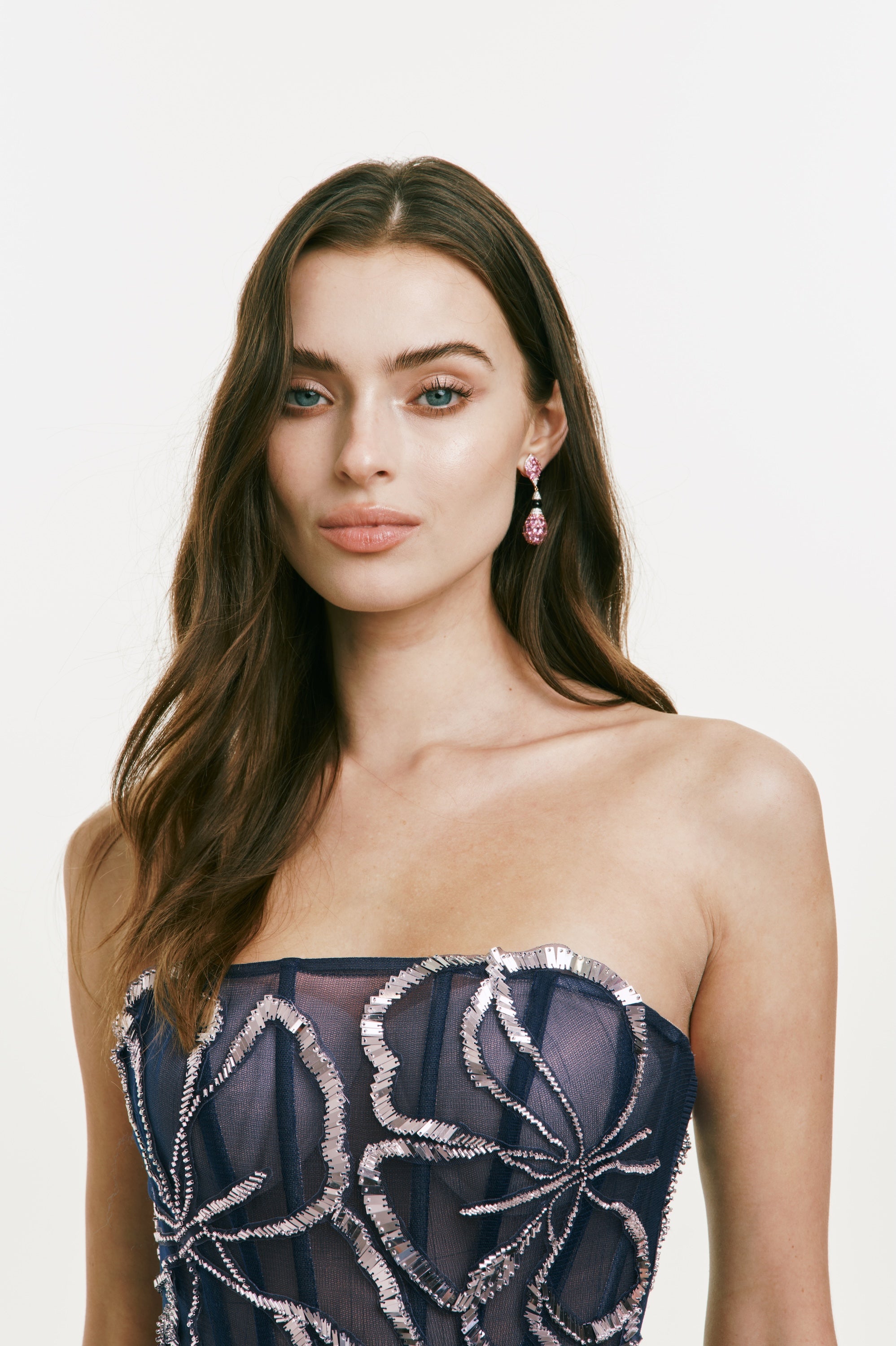 Strapless Midi Dress with Metallic Flower Detail