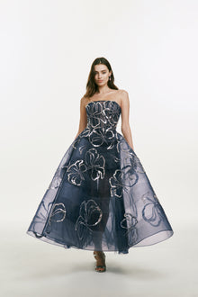 Strapless Midi Dress with Metallic Flower Detail