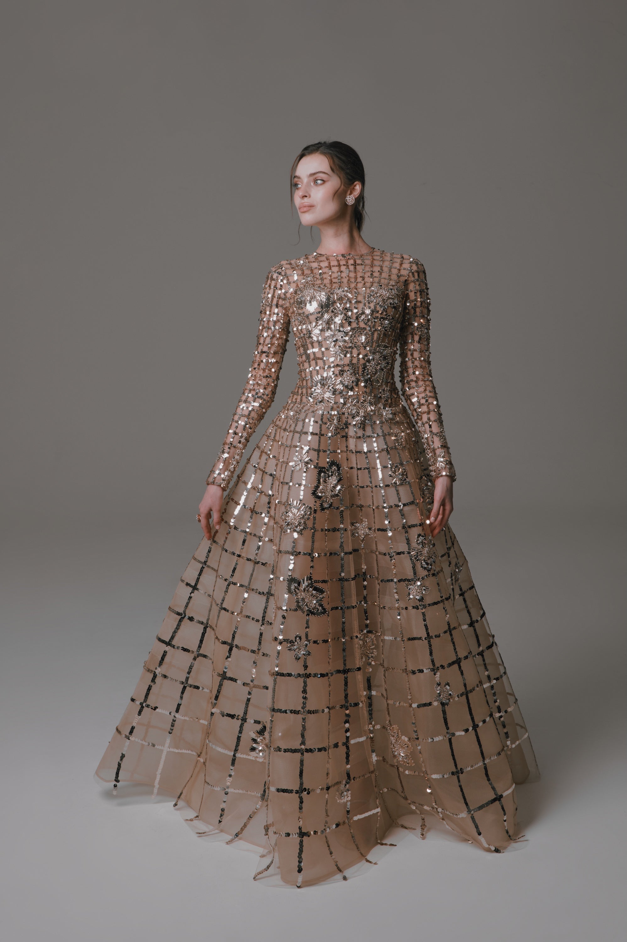 Long Sleeve Gown with Metallic Beading