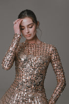 Long Sleeve Gown with Metallic Beading