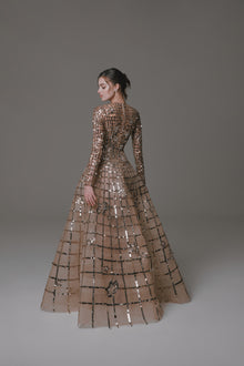 Long Sleeve Gown with Metallic Beading