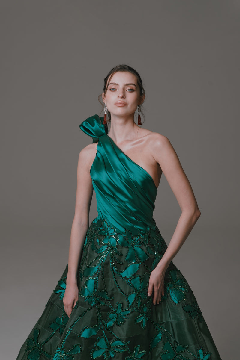 One Shoulder Gown with Mikado Flower Detail