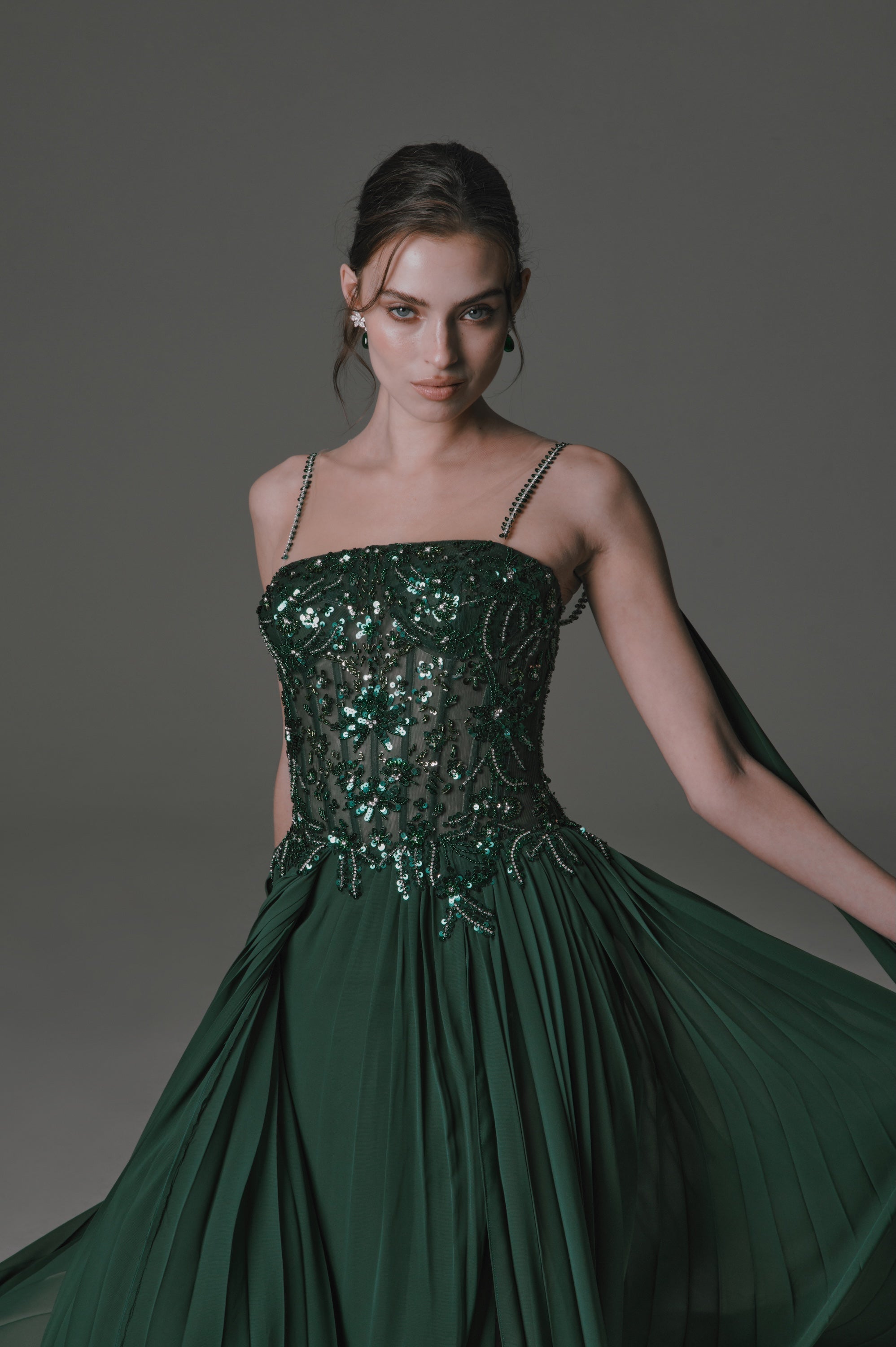 Pleated Chiffon Dress with Beaded Bodice