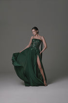 Pleated Chiffon Dress with Beaded Bodice