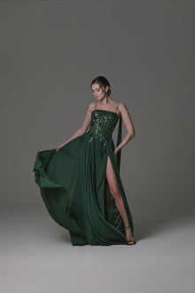 Pleated Chiffon Dress with Beaded Bodice