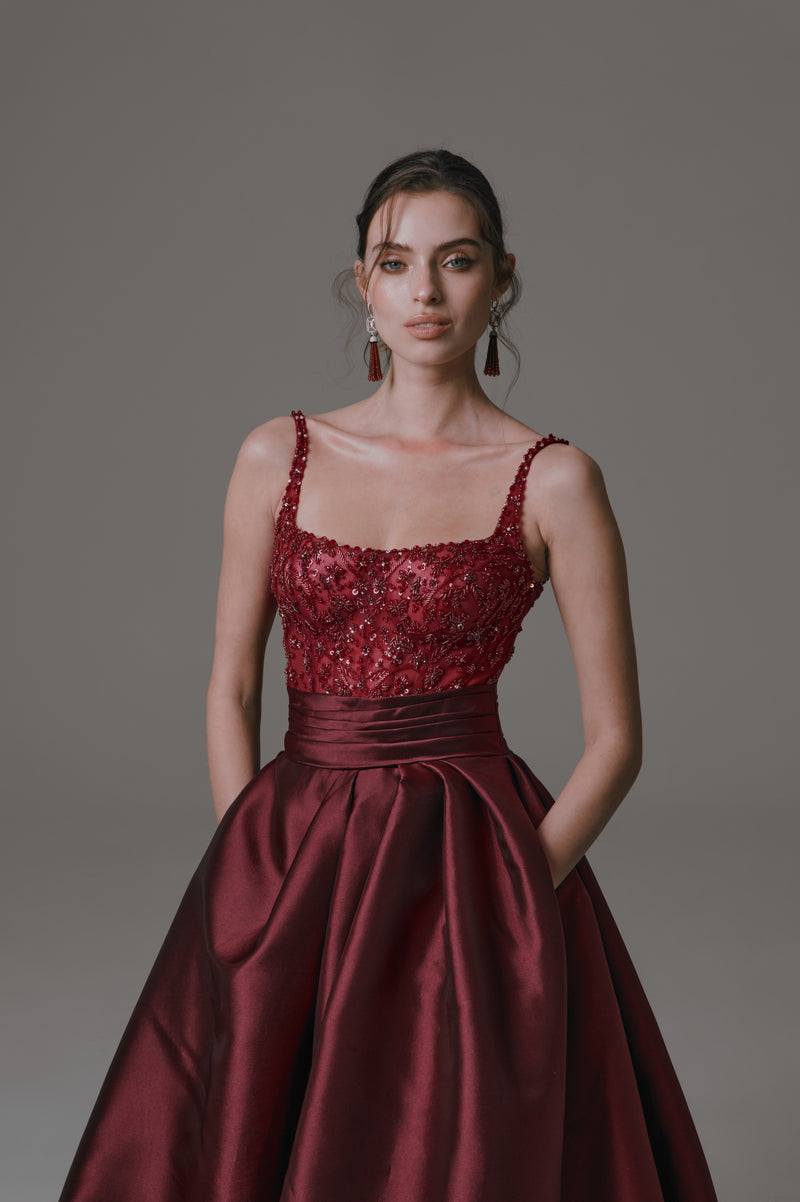 Mikado Gown with Beaded Bodice and Slit