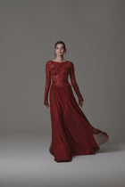 Long Sleeve Chiffon Dress with Beaded Bodice