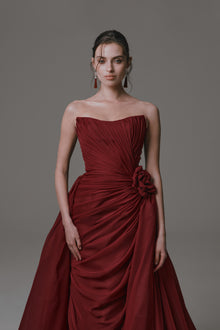 Strapless Chiffon Dress with Ruching and Flower Detail
