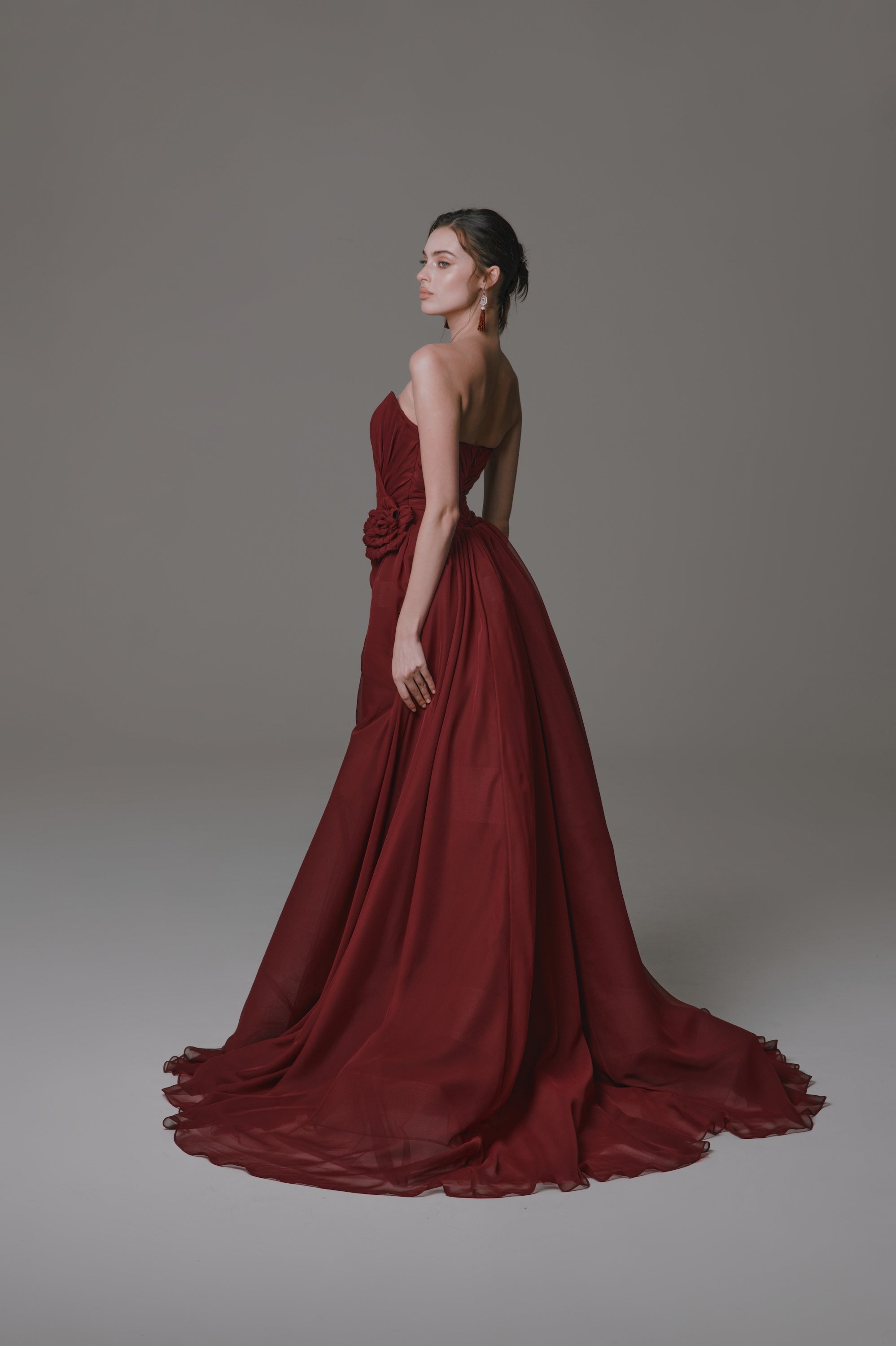 Strapless Chiffon Dress with Ruching and Flower Detail