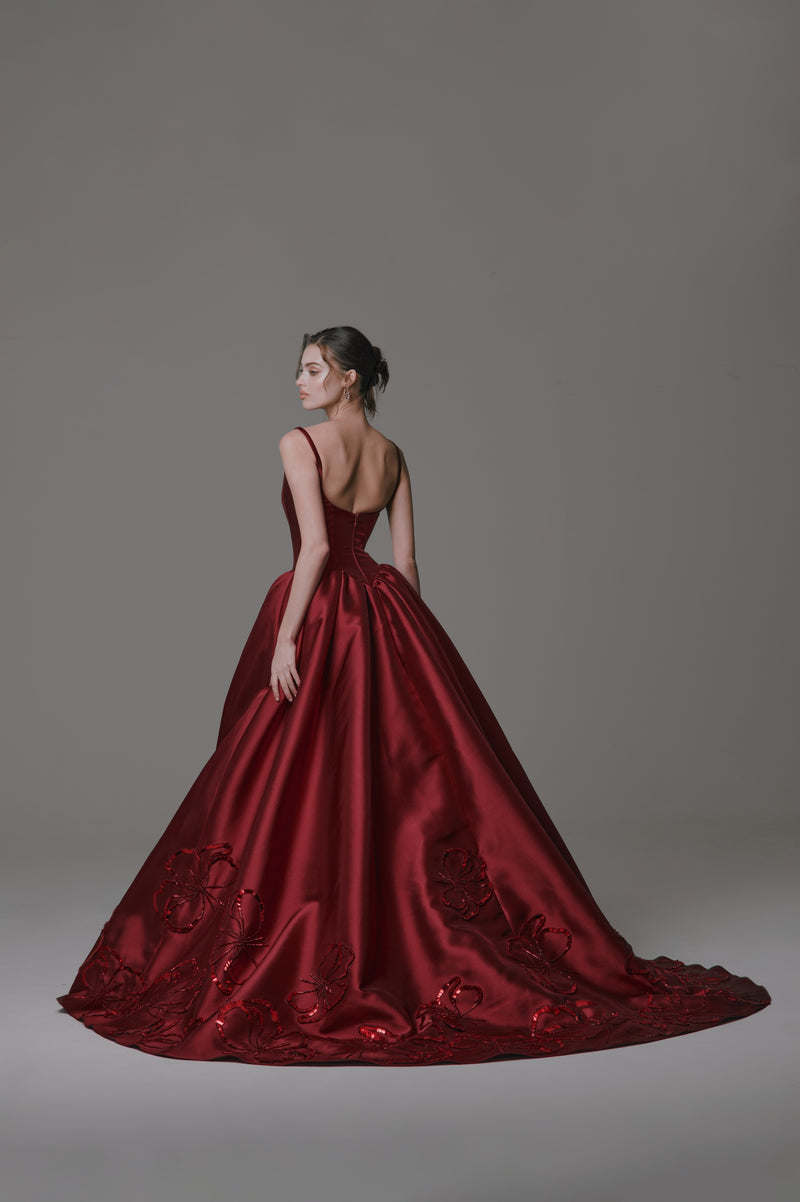 Basque Waist Gown with Metallic Flower Detail