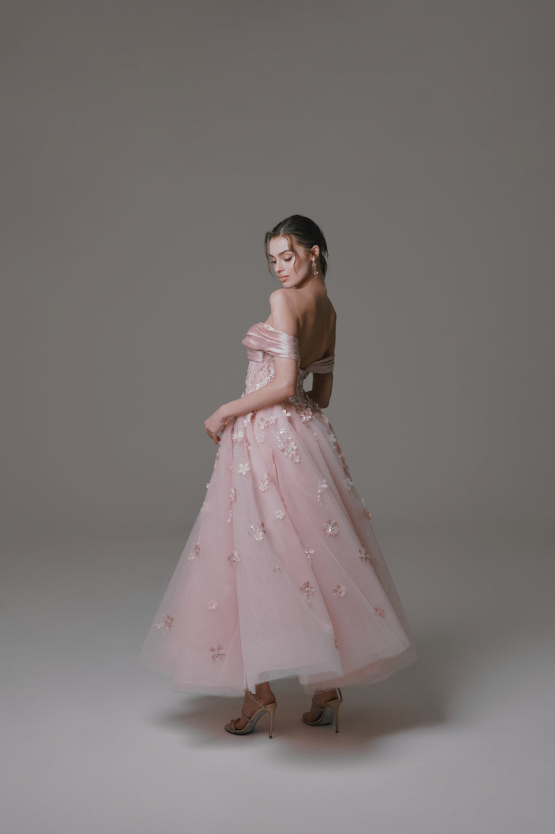 Off-the-shoulder Midi Dress with Beaded Flower Embellishments