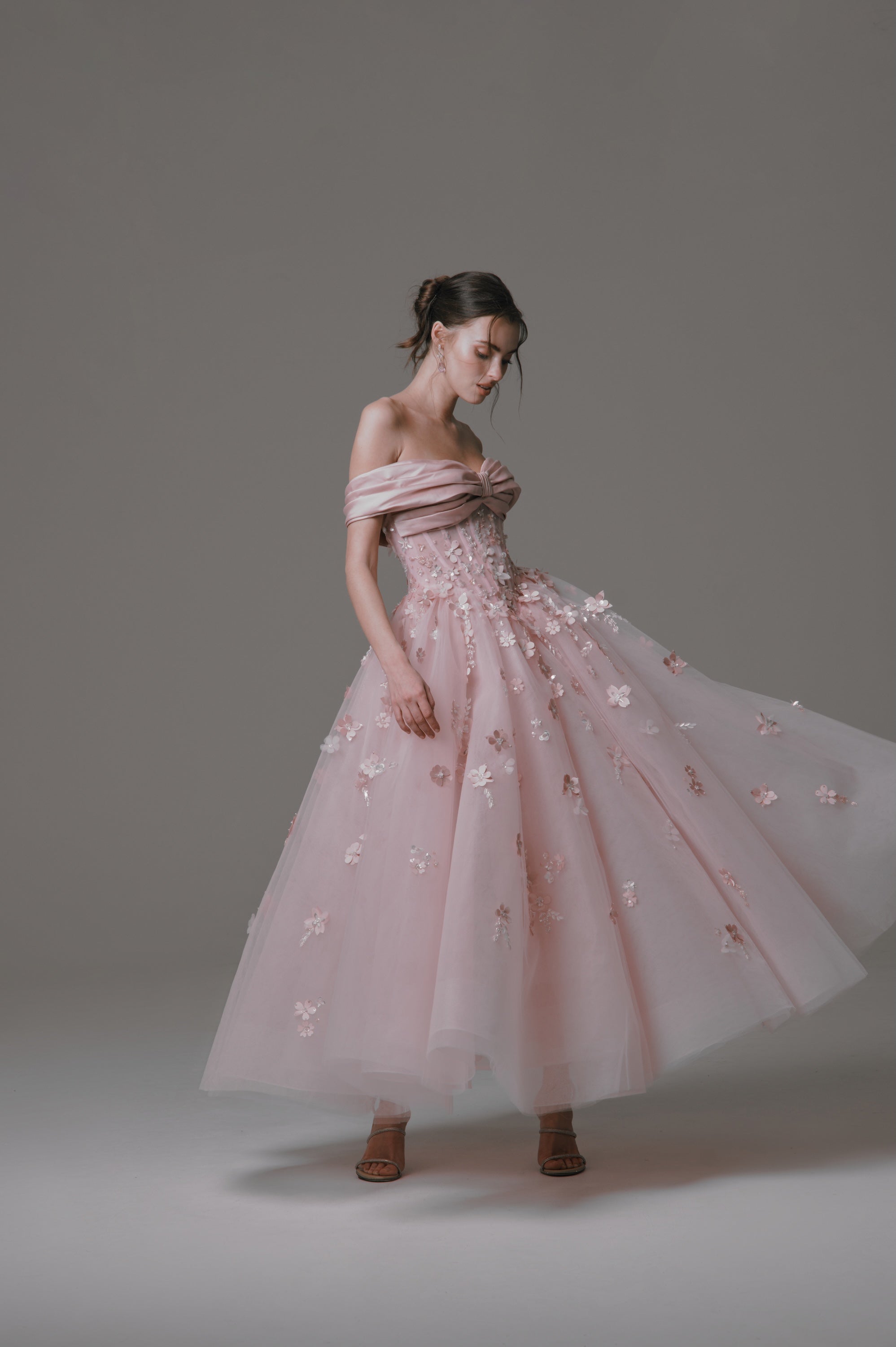 Off-the-shoulder Midi Dress with Beaded Flower Embellishments