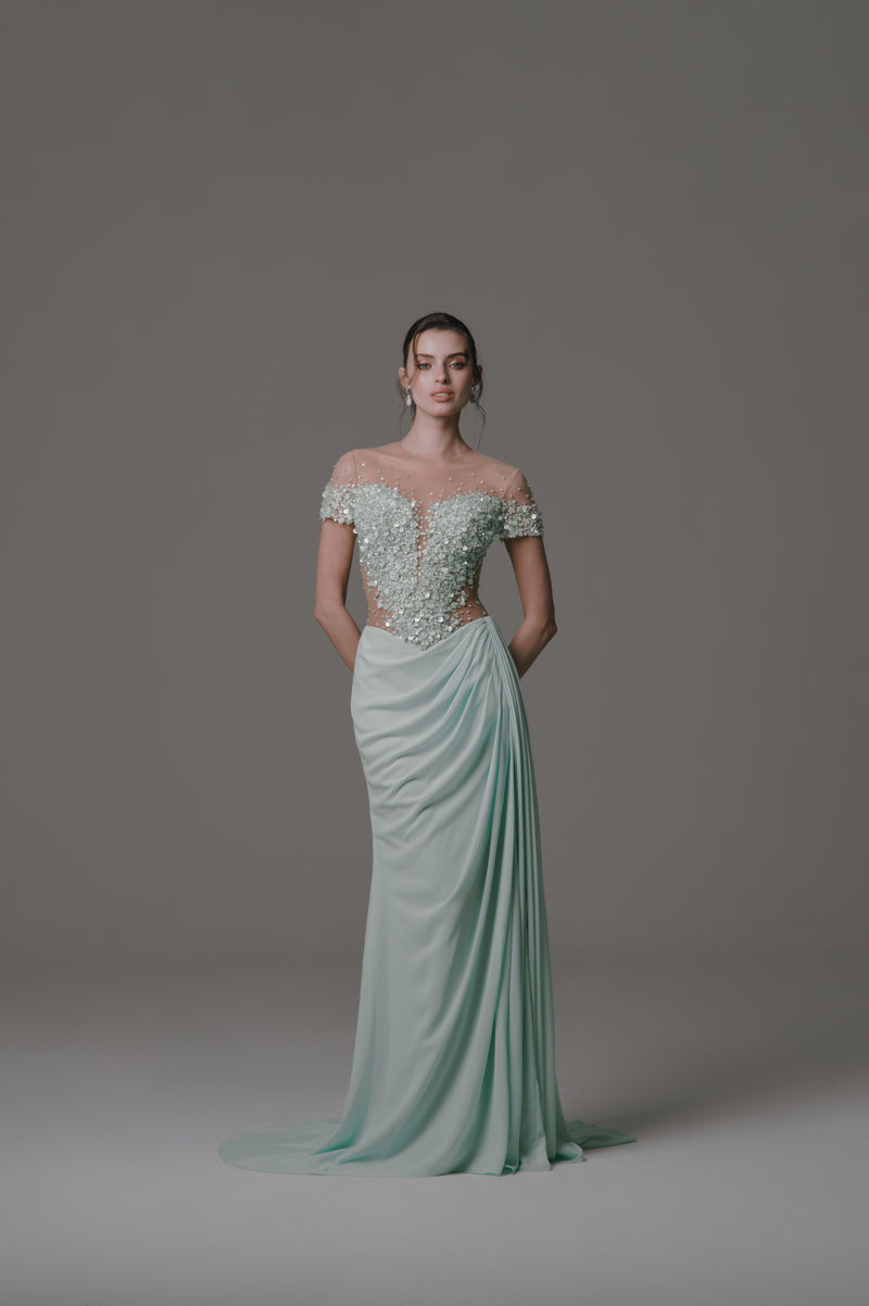 Short Sleeve Dress with Beaded Bodice