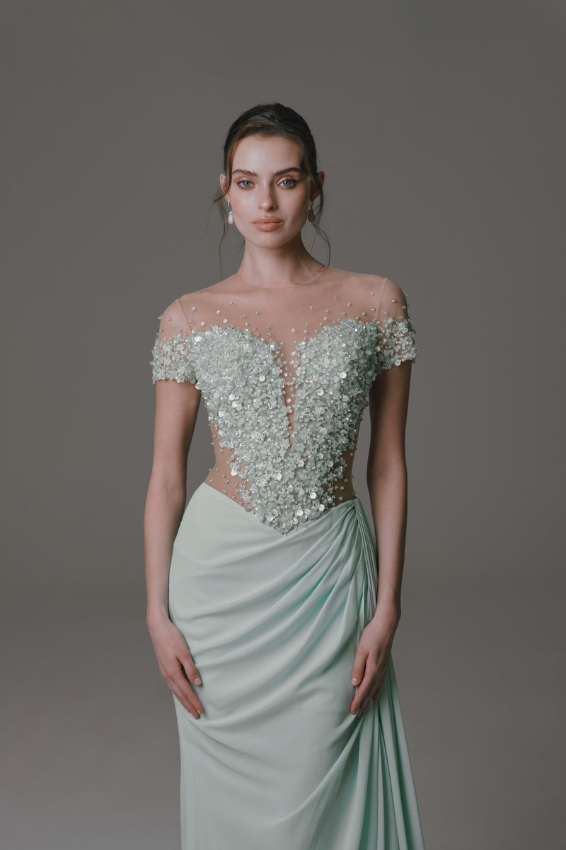 Short Sleeve Dress with Beaded Bodice