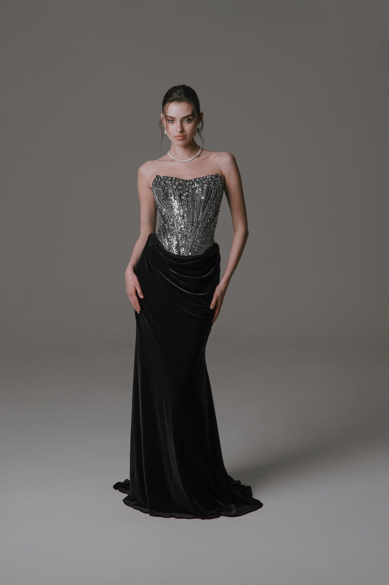 Strapless Velvet Dress with Beaded Bodice