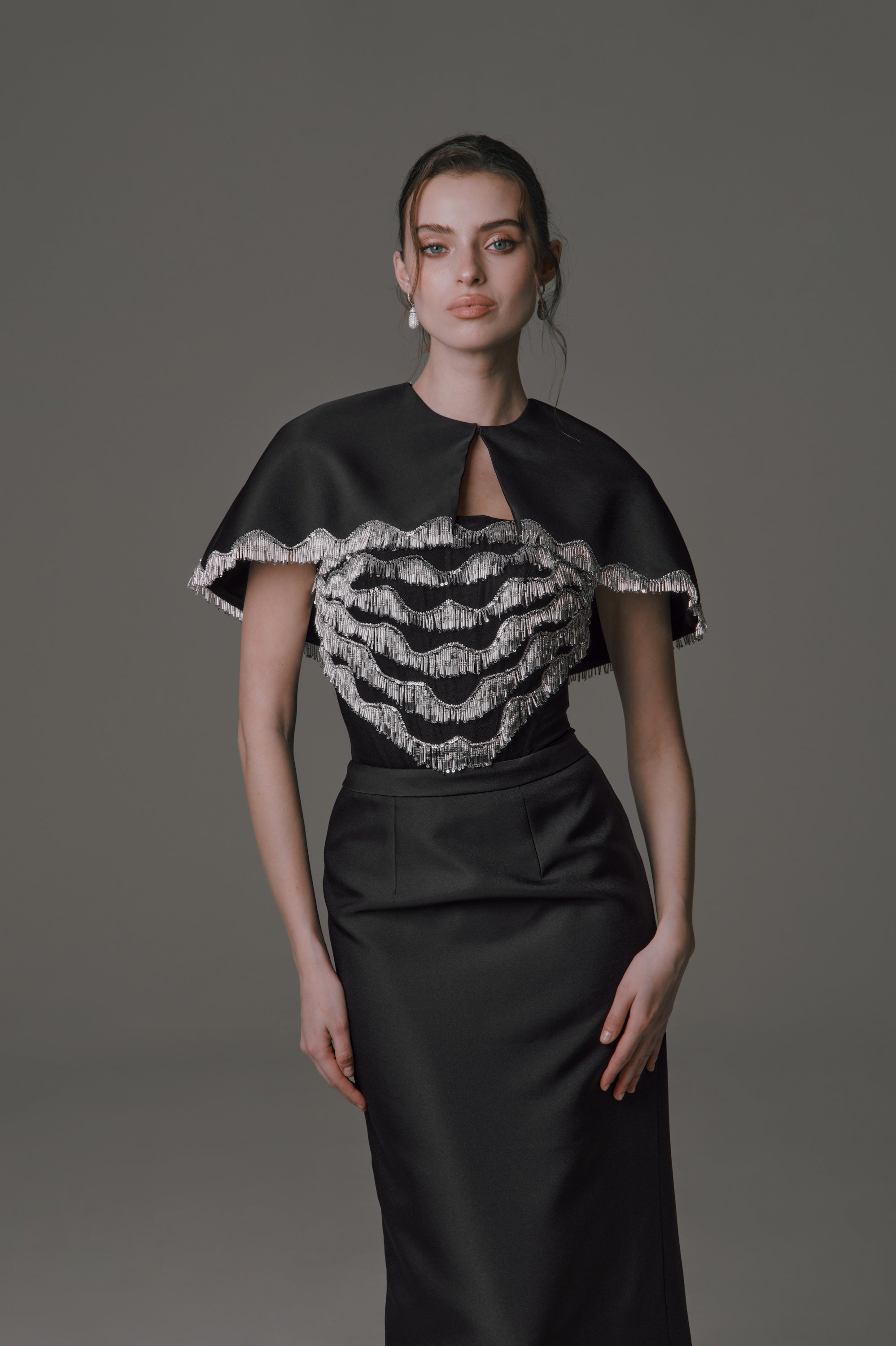 Strapless Column Dress with Beaded Fringe Detail